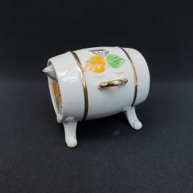 Молочник боченок фарфоровый винтажный, СССР. роспись листья, золочение.