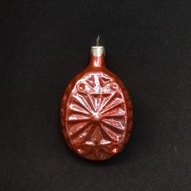 Елочная игрушка СССР,стекло красный медальон с рельефной звездой. Винтажная