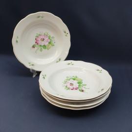 Тарелка фарфоровая винтажная СССР. Набор 5 штук. Цветы, золотистая отводка.