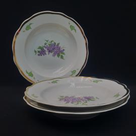 Тарелка фарфоровая винтажная СССР. Набор 3 шт. Дулево. Сирень, роспись золотом.