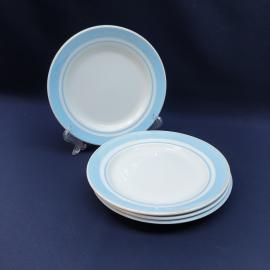 Тарелка фарфоровая винтажная СССР. Набор 4 штуки. Голубая кайма, полосы.