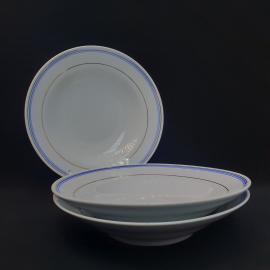 Тарелка фарфоровая винтажная СССР. Набор 3 штуки. Корея, синяя кайма, золотая отводка.