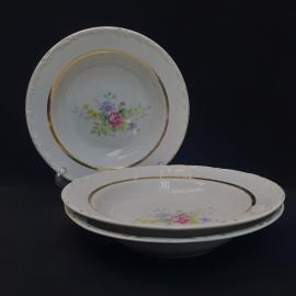 Тарелка фарфоровая винтажная СССР. Набор 3 штуки. Цветы, роспись золотом.