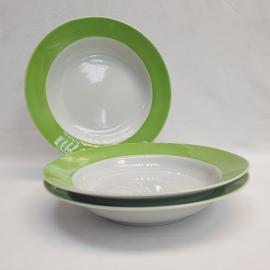 Тарелка фарфоровая винтажная СССР. Дулево. Набор 3 штук. Зеленый борт, белый фон.