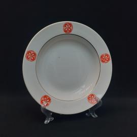 Тарелка фарфоровая винтажная СССР. Набор 2 штук. Оранжевый цветок, золотая кайма.