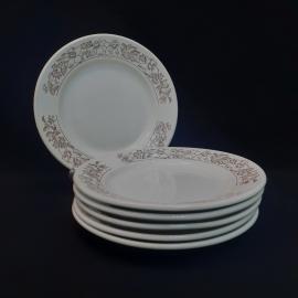 Тарелка фарфоровая винтажная СССР. Набор 6 штук. Цветы, коричневый орнамент.