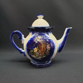 Заварочный чайник фарфоровый, винтажный СССР. Кобальт, птица, цветы, роспись золотом.