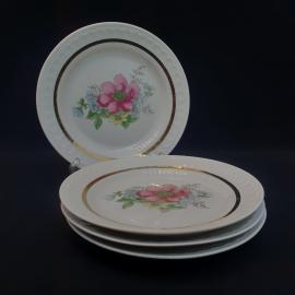 Тарелка фарфоровая винтажная СССР. Набор 4 штуки. Цветы, роспись золотом.