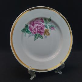 Тарелка фарфоровая винтажная СССР. Дулево. Роза, роспись золотом.