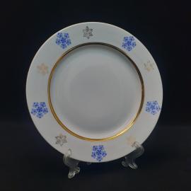 Тарелка фарфоровая винтажная СССР. Набор 1 штука. Синяя роспись, золотая кайма.