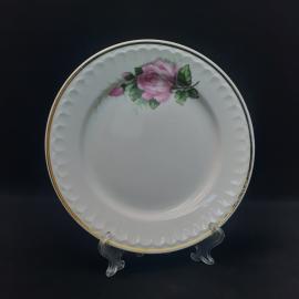 Тарелка фарфоровая винтажная СССР. Набор 1 штука. Розовая роза, роспись золотом.