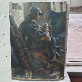 Винтажная картина "Солдат с миной"  85х120 см холст,масло