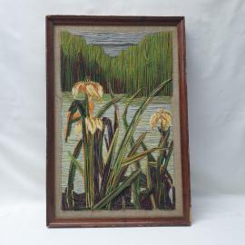 Винтажная картина, гобелен "Водные ирисы" 40х60 см, холст, нити