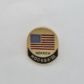 Значок СССР. Хоккей, Москва 86, флаг США, спорт, международные соревнования. Винтажный значек.