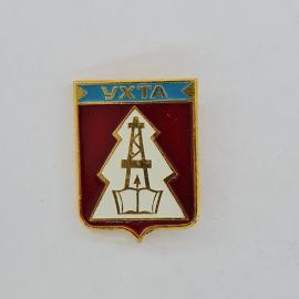 Значок СССР. Ухта, герб города, промышленность, вышка и книга. Винтажный значек.