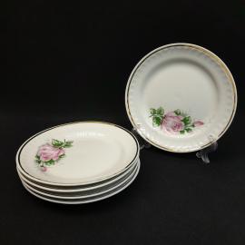 Набор десертных тарелок 17 см, фарфор, золотой кант, розы, 5 шт, винтажный сервиз