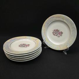 Тарелка десертная 18 см, фарфор, Барановка жемчужный перламутр, цветы, винтаж, набор 6 шт