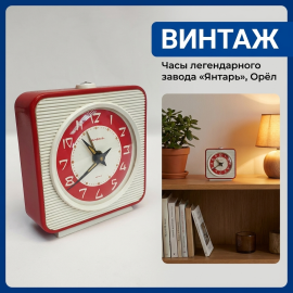 Винтажный будильник Янтарь. Часы настольные СССР, механические, красный корпус, ретро дизайн