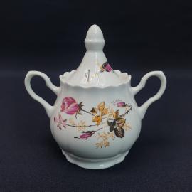 Винтажный сахарница СССР. Фарфоровая с крышкой, белая с цветочным декором и ручками