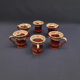 Винтажный набор керамических чашек СССР. Коричневая глазурь, шесть предметов для сервировки