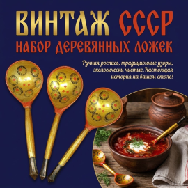 Винтажные деревянные ложки СССР. Набор расписных сувенирных ложек в народном стиле, 3 штуки
