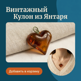 Винтажный кулон сердце СССР. Янтарь, украшение советского периода