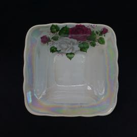 Винтажная салатница с розами, фарфор СССР. Квадратная сервировочная миска с перламутром