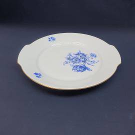 Винтажное блюдо СССР. Фарфор Kahla, круглое сервировочное, синие цветы, золотистый кант