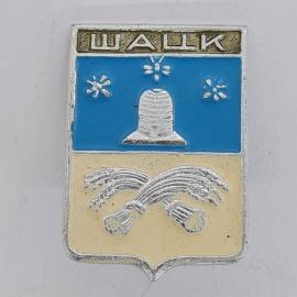 Значок СССР. Шацк, колокол и колосья, городской герб. Винтажный значек.