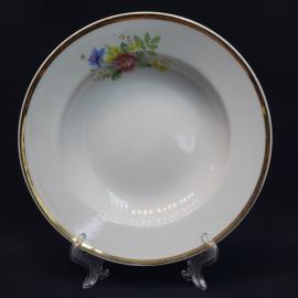 Винтажная тарелка глубокая СССР. Дулево, фарфор с цветочным декором и золотистой каймой