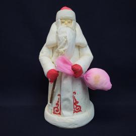 Винтажная новогодняя фигура СССР. Дед Мороз из папье маше с посохом и мешком подарков