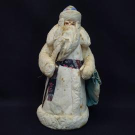Винтажная новогодняя фигура СССР. Дед Мороз из ваты с посохом и мешком для украшения интерьера