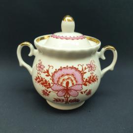 Винтажный фарфоровый сахарница СССР. С крышкой, цветочный узор, позолота, две ручки