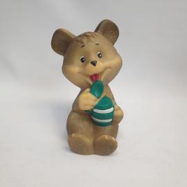 Винтажная игрушка СССР. Медвежонок с ложкой и горшочком, резиновая фигурка для коллекции