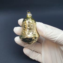 Винтажная елочная игрушка СССР. Стеклянный колокольчик золотистый с узором, подвесной декор