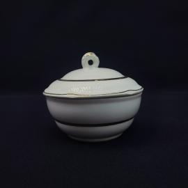 Винтажная фарфоровая сахарница СССР. Белая с крышкой и золотистой отводкой, ЗиК Конаково