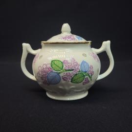 Сахарница фарфоровая винтажная СССР. С крышкой, цветочный декор, две ручки, белая посуда
