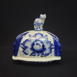 Винтажная шкатулка СССР. Фарфор Гжель, коробочка с крышкой и фигуркой кота, ручная роспись