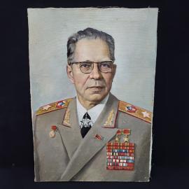 Винтажная картина СССР. Портрет советского военачальника на холсте, настенное декоративное панно