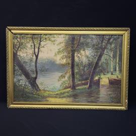 Винтажная картина СССР. Лесной пейзаж с рекой, живопись на холсте в раме для интерьера