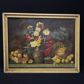 Винтажная картина СССР. Натюрморт с цветами, фруктами и тыквой в раме для интерьера дома