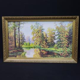 Винтажная картина СССР в раме. Пейзаж с рекой и деревьями, настенное интерьерное панно