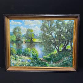 Винтажная картина СССР. Лето на Оке, Еремин А П, холст масло, пейзаж в раме 60 на 80 см