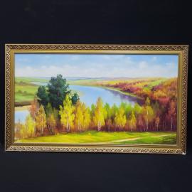 Винтажная картина СССР. Осенний речной пейзаж в раме, настенное декоративное панно 60х100 см