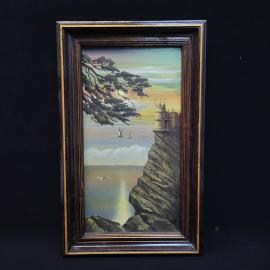 Винтажная картина СССР. Морской пейзаж с замком на скале, масло, в раме, настенное панно