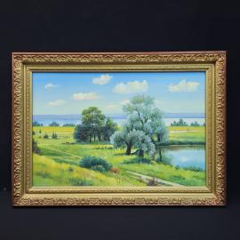 Винтажная картина СССР. Пейзаж с цветущими деревьями у воды в декоративной раме 70 на 50 см