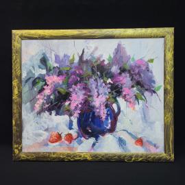 Винтажная картина СССР. Натюрморт с сиренью и клубникой в вазе, холст масло, в раме 40х50 см