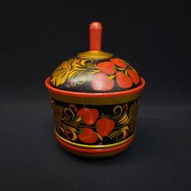 Винтажная сахарница СССР. Деревянная хохлома с крышкой, ягодный узор, расписная посуда