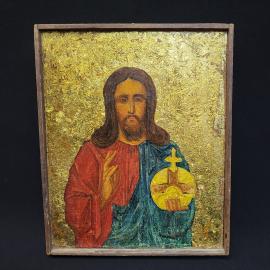 Винтажная икона СССР. Господь Вседержитель в деревянной раме, настенное православное панно