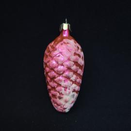 Елочная игрушка новогодняя. Винтажная СССР, стеклянная шишка розовая с белым декором